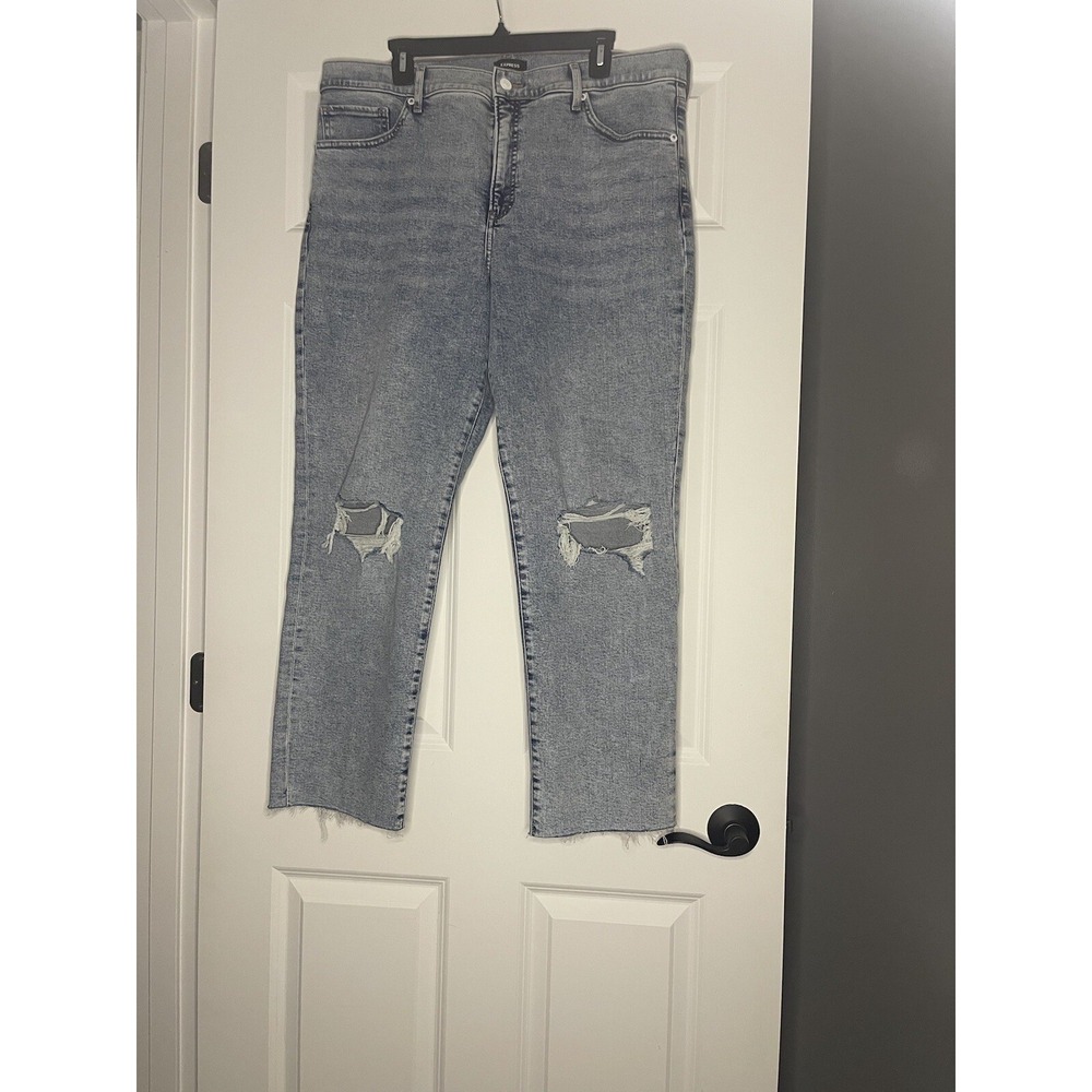 Express Straight Ankle High Rise Denim Jeans 16 Long Distressed Blue